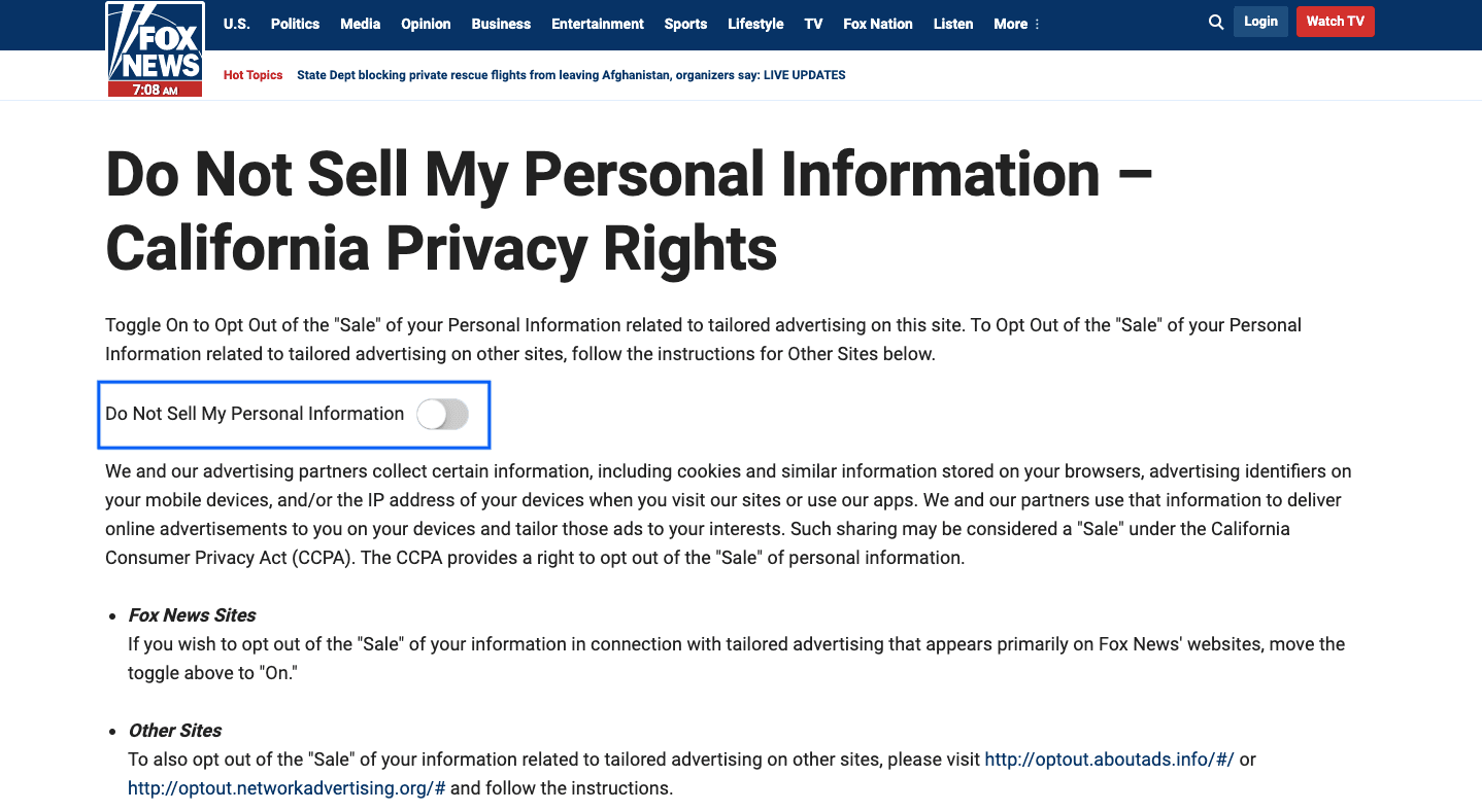 Fox News [nofollow] uses a ‘Do Not Sell My Personal Information’ button to enable users to opt-out.