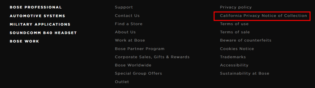 Website footer with CCPA links via Bose [nofollow]