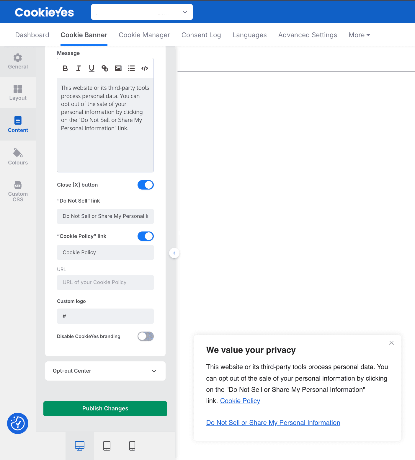 Demonstration of a ‘Do Not Sell’ link on a cookie banner built with CookieYes.