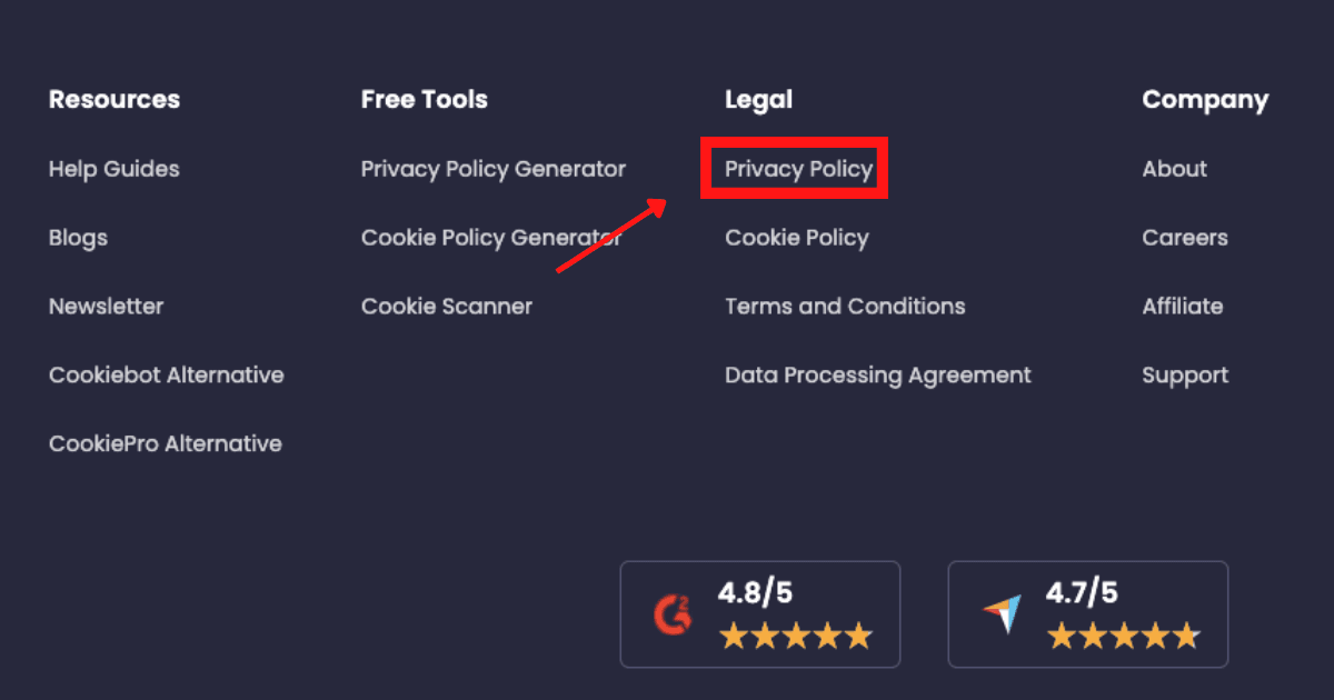 Privacy Policy link in the CookieYes website footer