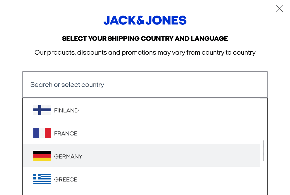 Jack & Jones website features a country selector that allows users to choose their country, view the products in their language and purchase in Euros