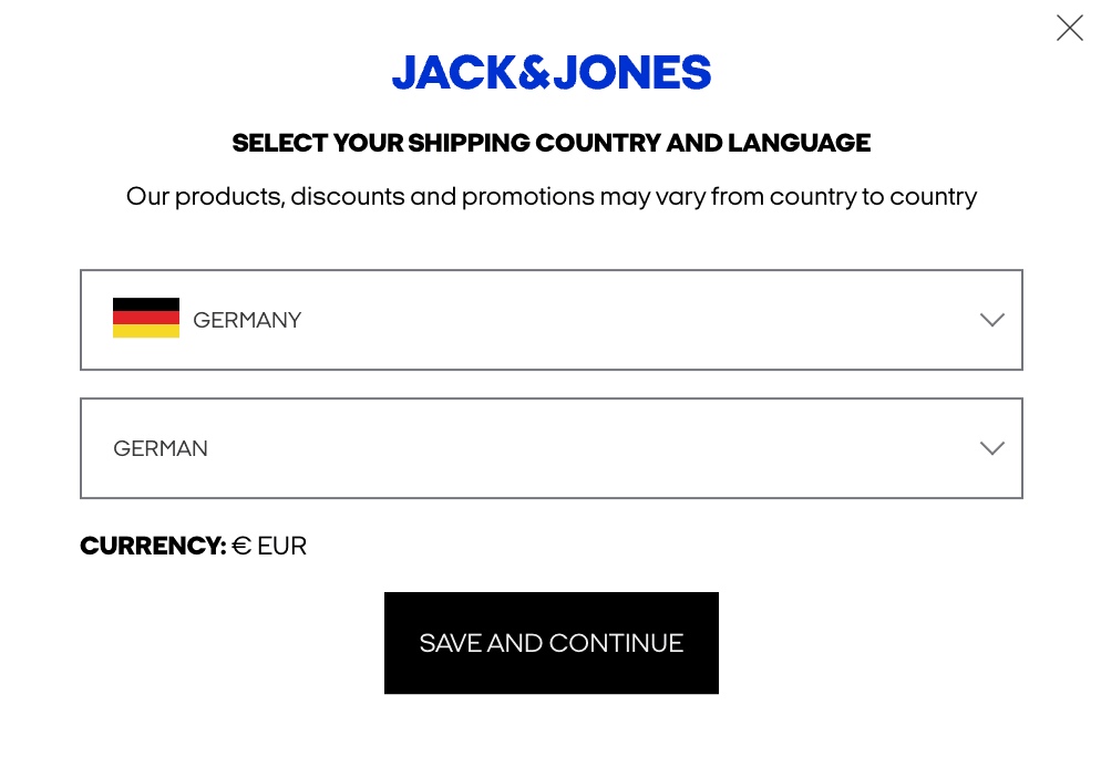 Jack & Jones website features a country selector that allows users to choose their country, view the products in their language and purchase in Euros