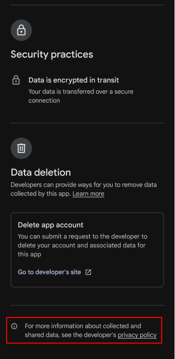 Privacy policy link on Google Play Store for Reflectly
