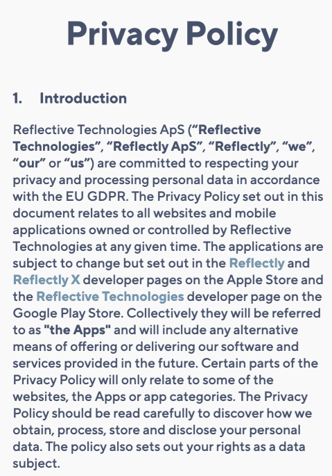 Privacy policy for Reflectly app
