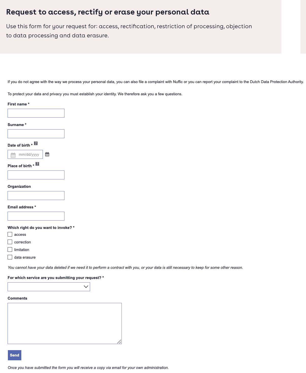 Data Subject Request Form provided by Nuffic