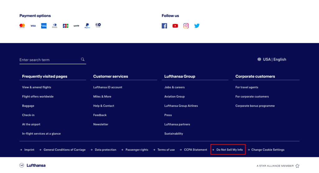 Lufthansa [nofollow] has a clear ‘Do Not Sell My Info’ link on its website’s footer.