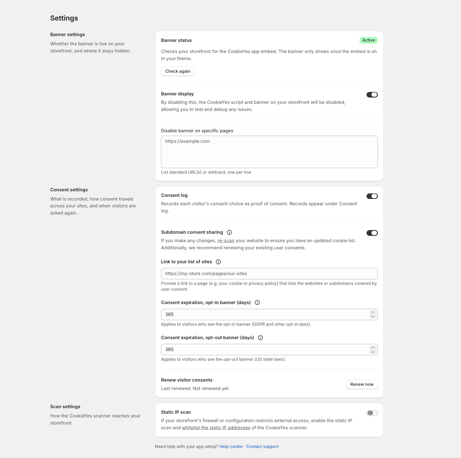 settings page shopify