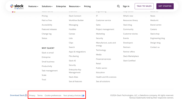 Privacy policy link on Slack website footer
