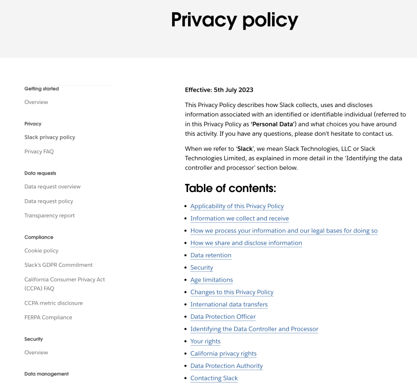 Privacy policy for Slack app