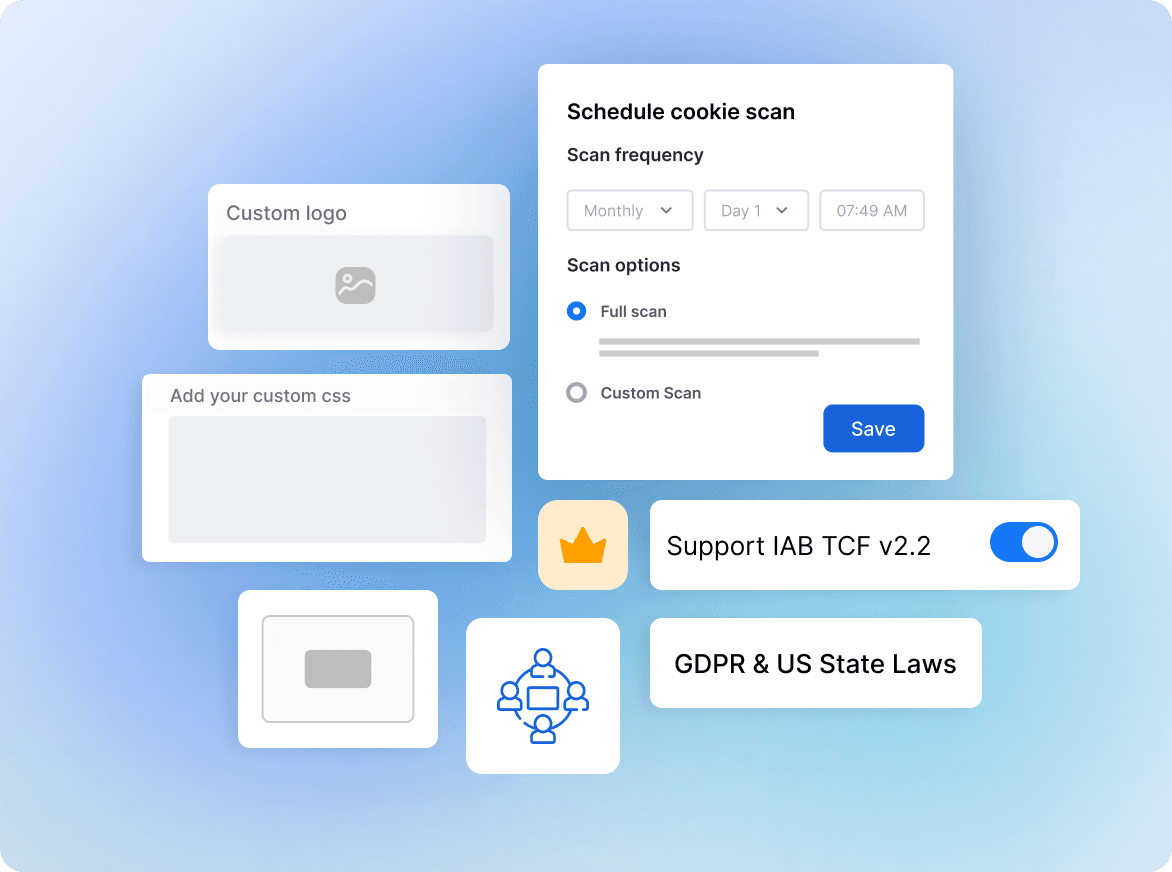 Advanced compliance settings including IAB TCF v2.3 and Google Consent Mode v2 support.
