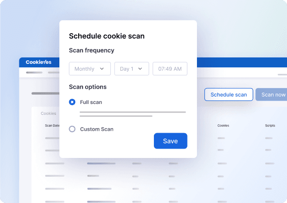 Scheduled cookie scanning settings alongside a detected-cookies list.