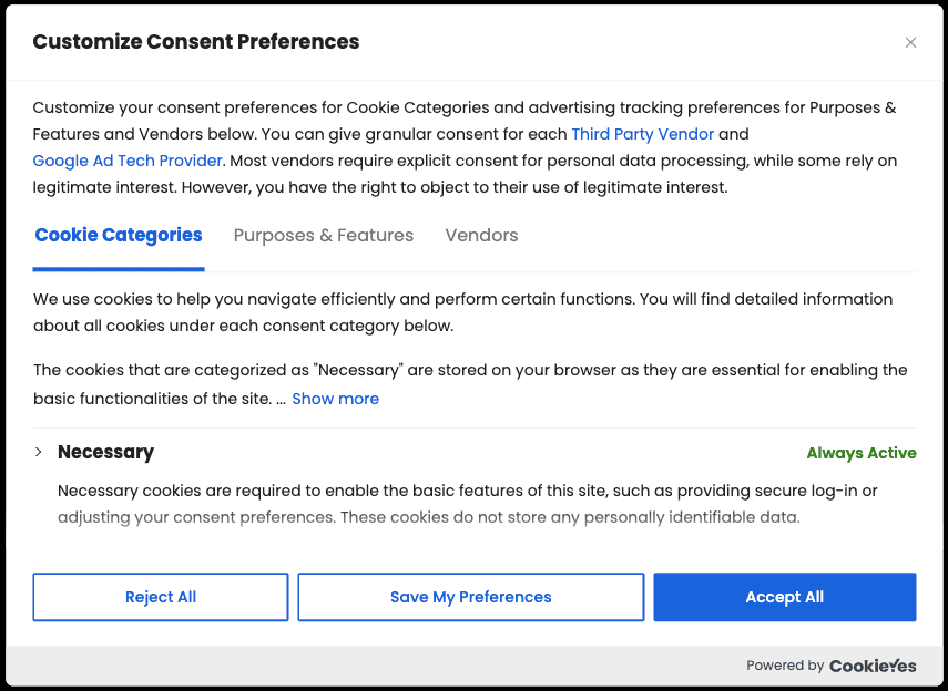 CookieYes cookie banner preference settings