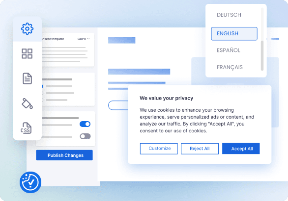 Banner customisation panel with layout, colour and language controls, and a live banner preview.