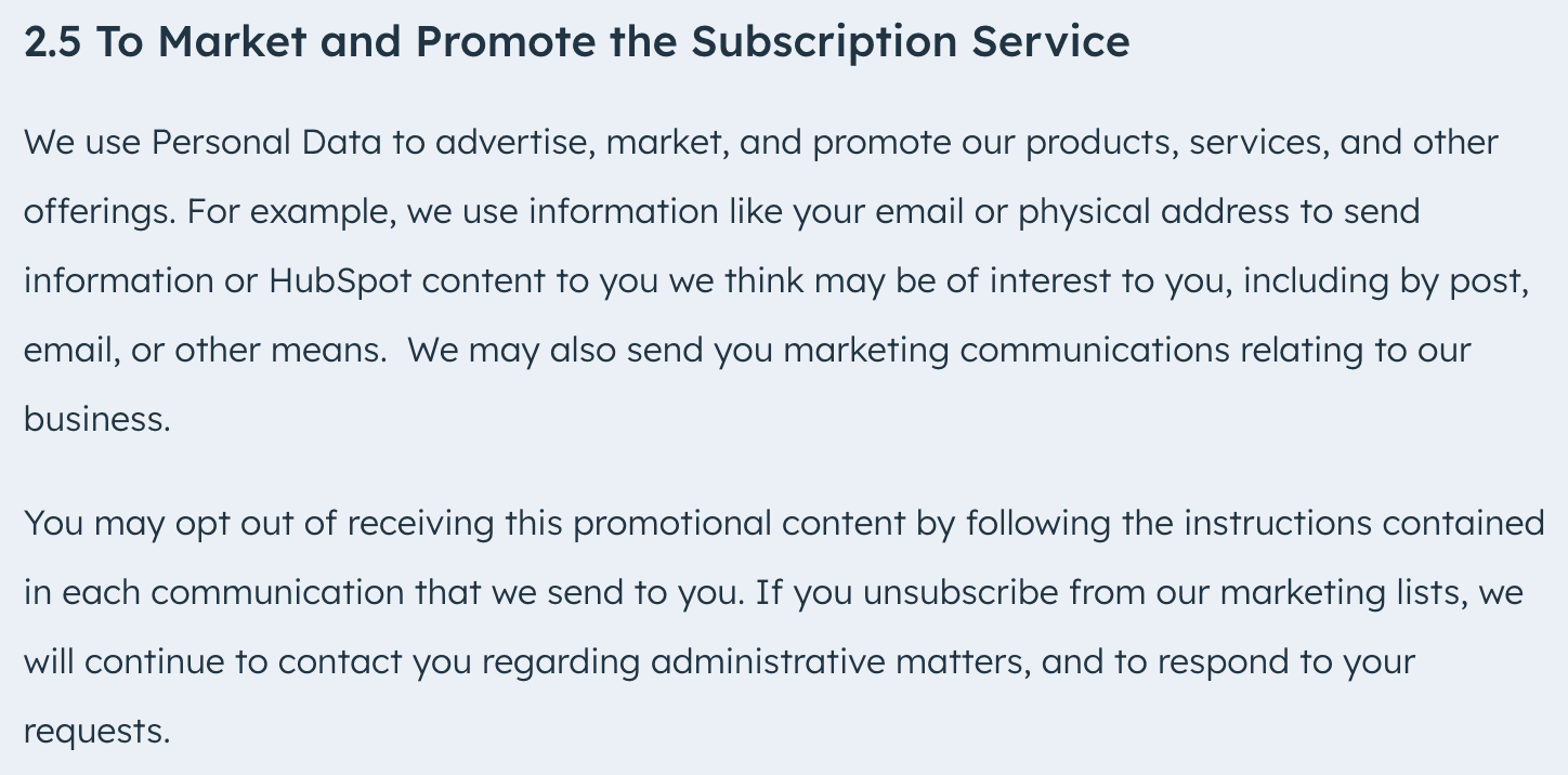 HubSpot discloses the use of email addresses for marketing purposes in its privacy policy