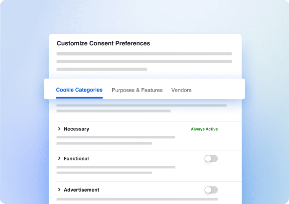 Customer consent preferences panel with per-category toggles for necessary, functional and analytics cookies.