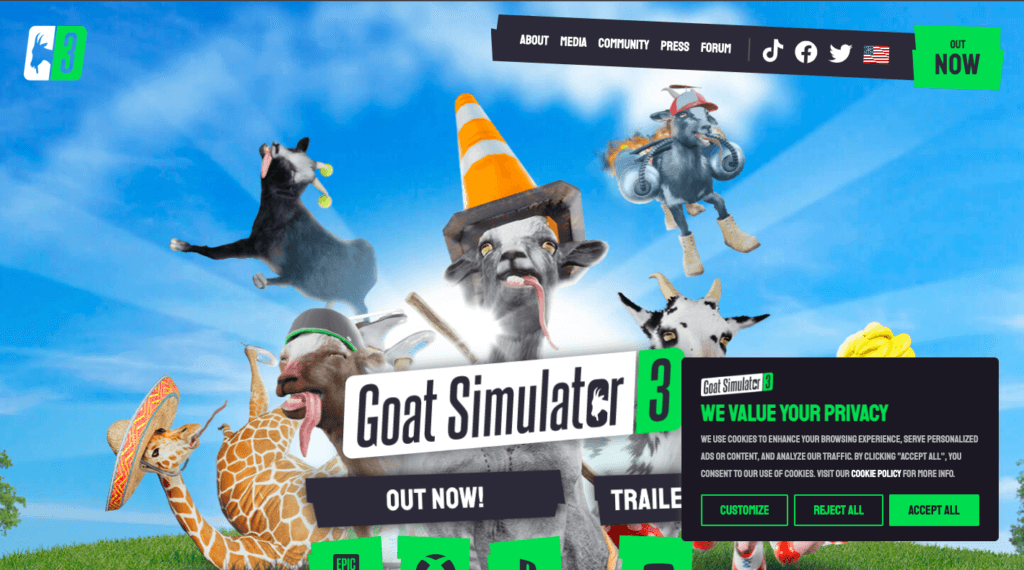 Il sito web della piattaforma di videogiochi Goat Simulator presenta un semplice banner personalizzato.