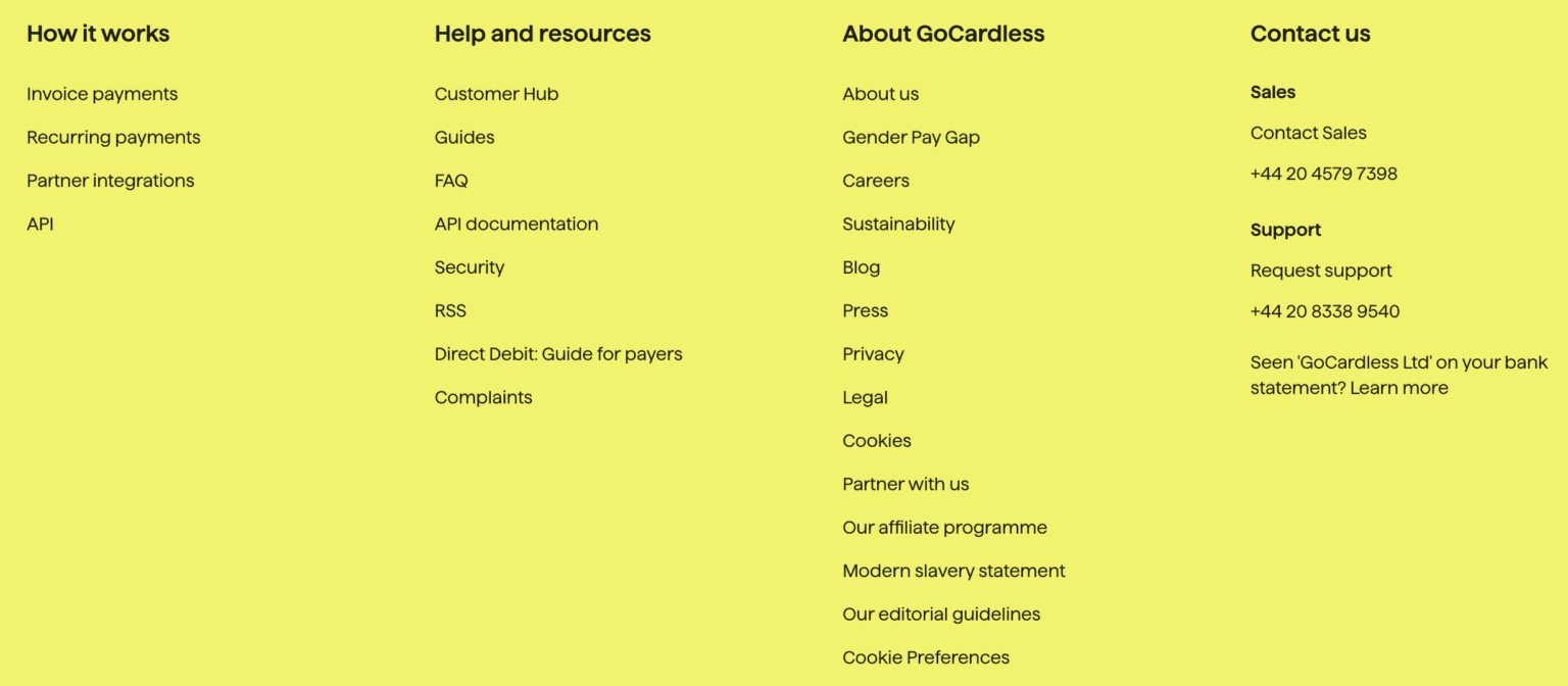 Website footer of GoCardless