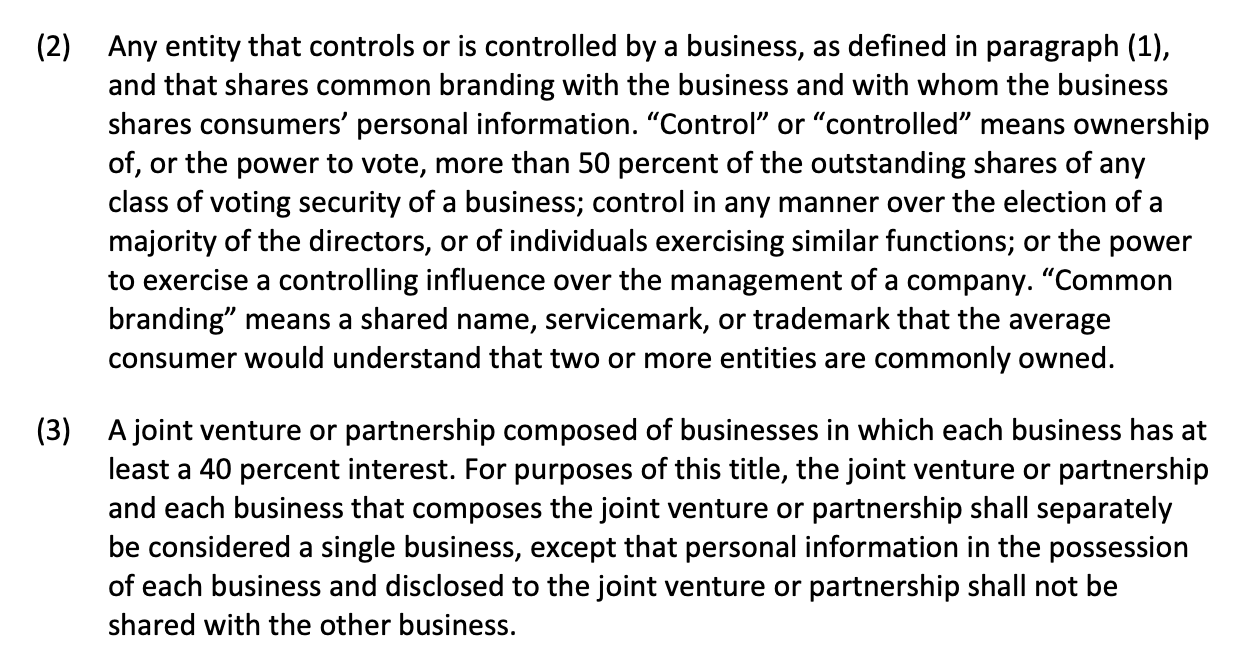 Definition of covered entities under CCPA