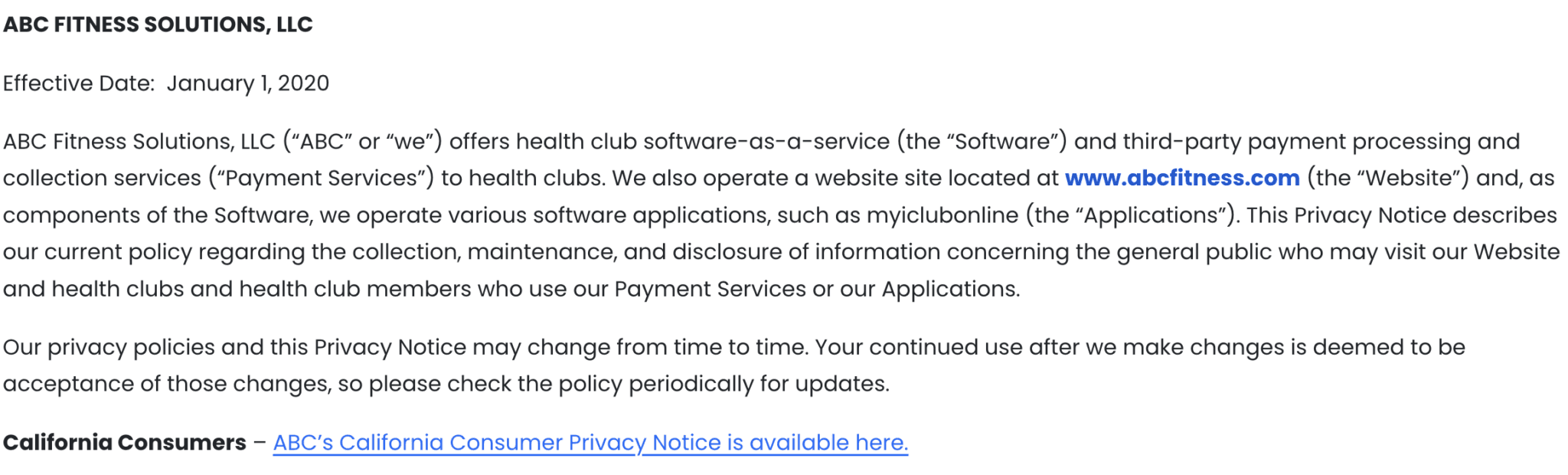 Introduction of ABC Fitness Solutions privacy policy