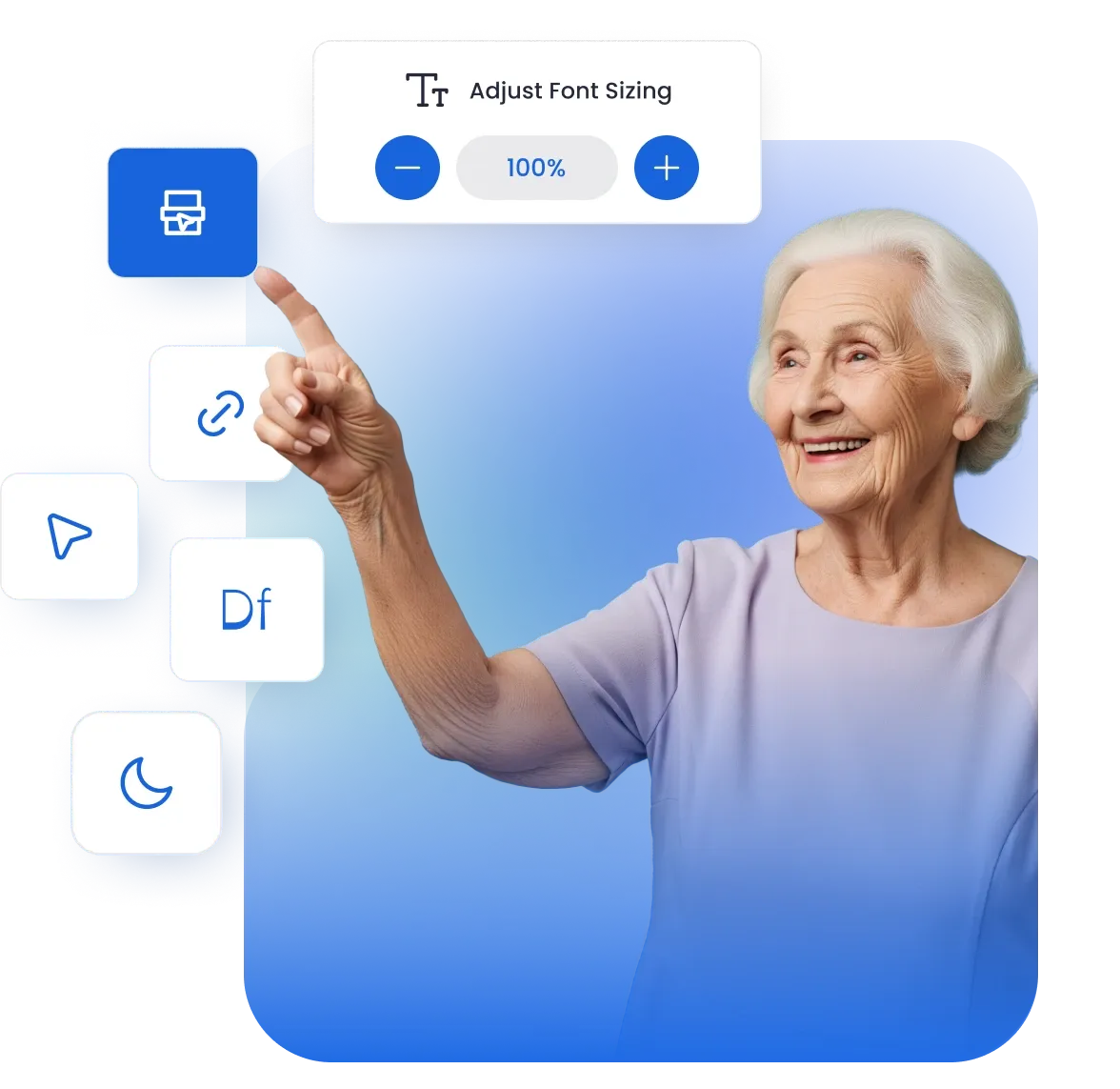 Elderly woman adjusting font size on a website using the AccessiYes accessibility widget interface.