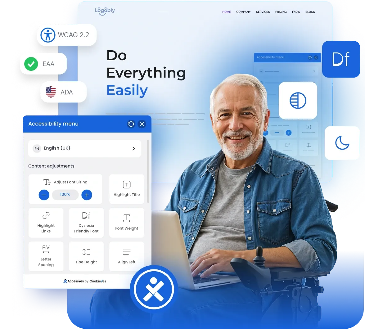 Man using laptop with AccessiYes widget, showing accessibility tools and EAA, ADA, WCAG badges