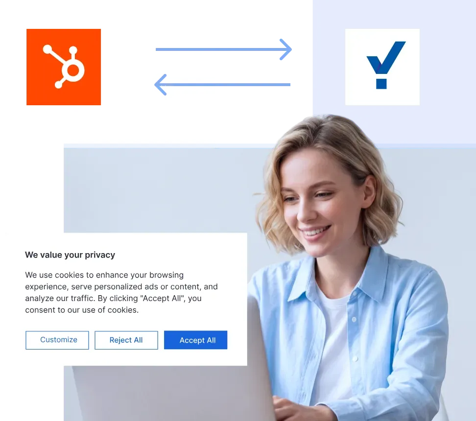 CookieYes connected to HubSpot: a consent banner and preference panel shown alongside the HubSpot logo.
