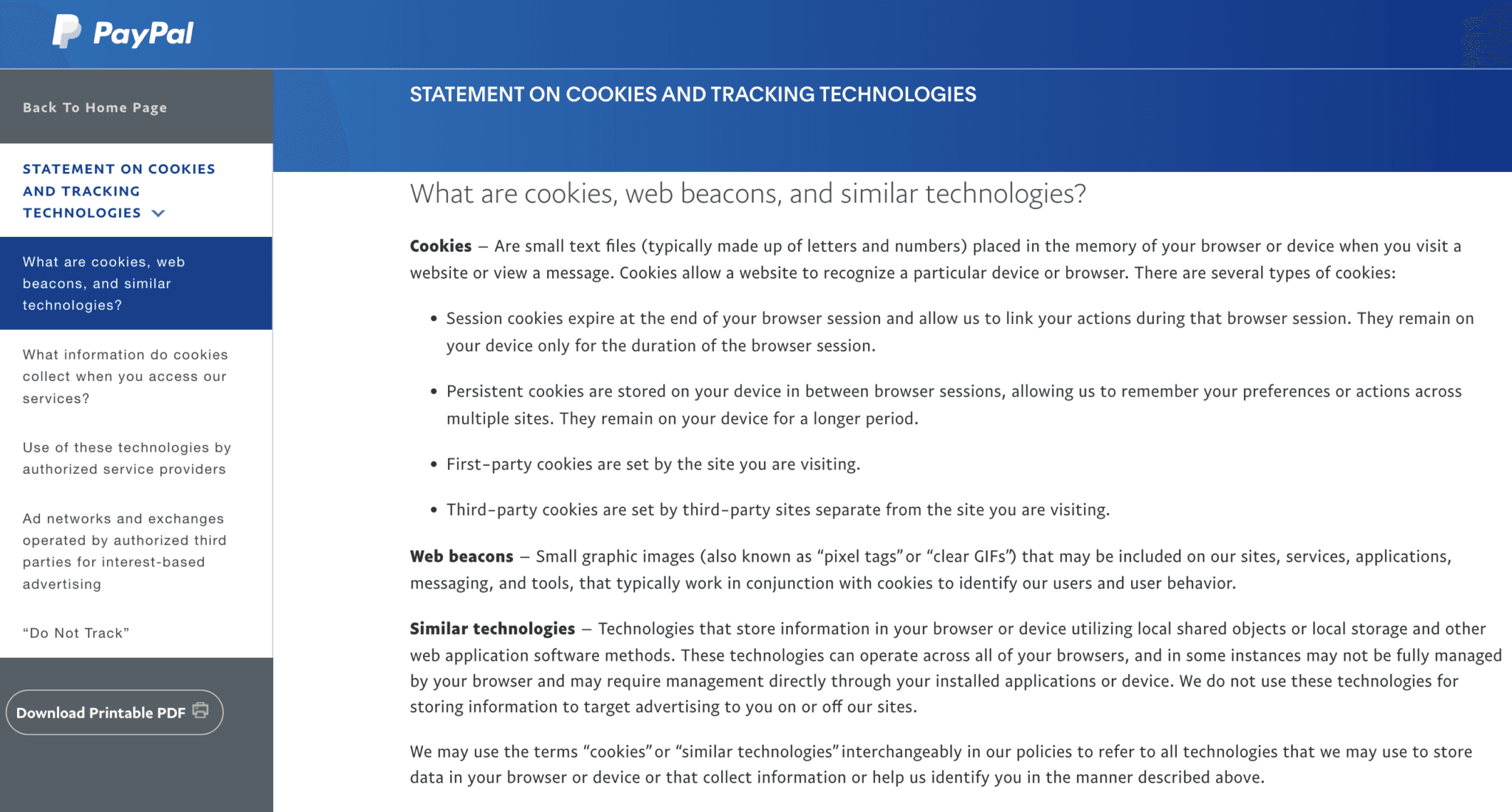 Example of a cookie policy (Source: PayPal)