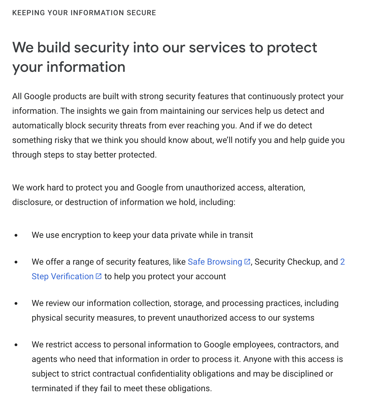 Google’s privacy policy about the security measures taken to protect personal data