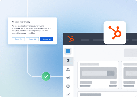 CookieYes consent settings shown next to a HubSpot page, with tracking held until consent.