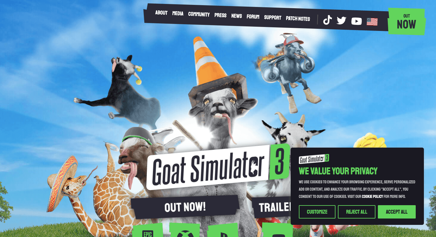 Die Website der Videospielplattform Goat Simulator zeichnet sich durch ein einfaches, individuelles Banner aus.