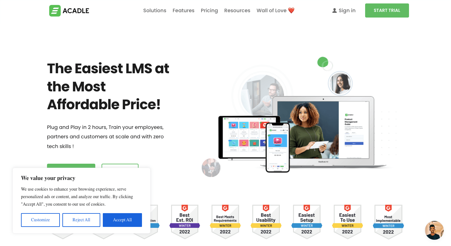 Die LMS-Plattform Acadle verfügt über einen Standard-Cookie Banner von CookieYes.