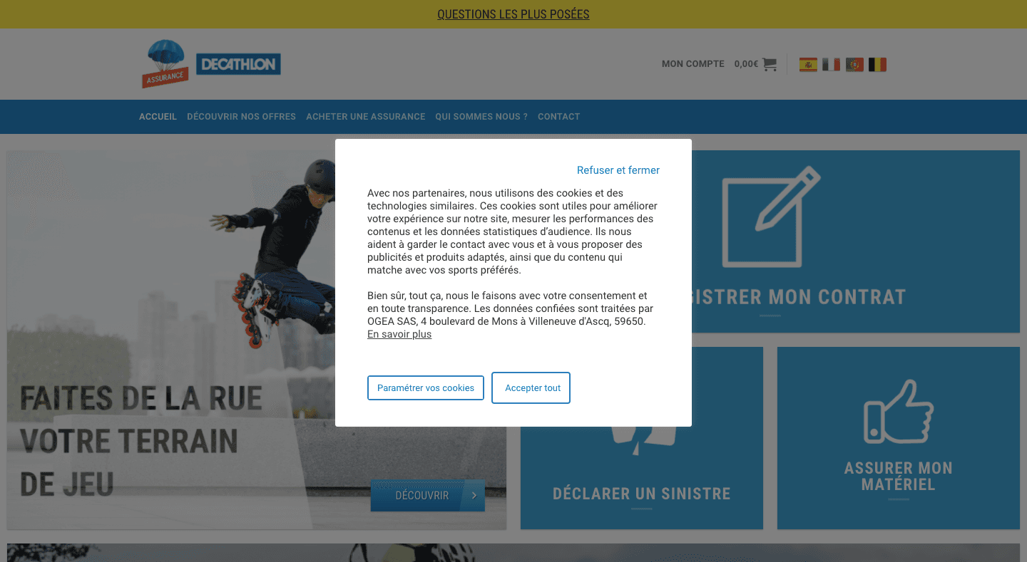 Die französische Website von Decathlon Assurances enthält ein einfaches Cookie-Popup.