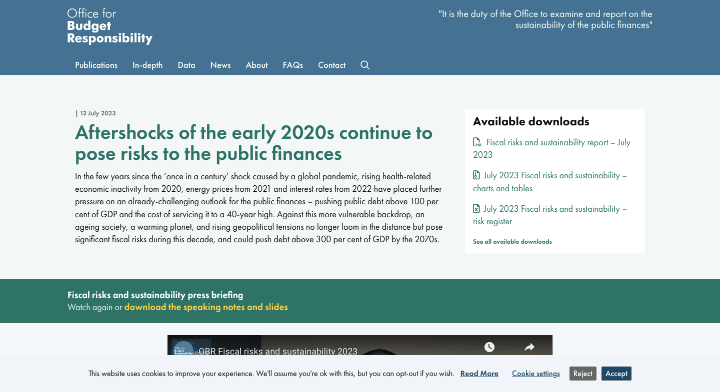 Das Office for Budget Responsibility, OBR UK, verwendet ein minimalistisches Fußzeilenbanner.