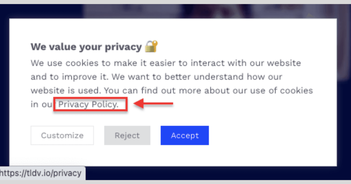 Privacy Policy link in the cookie banner