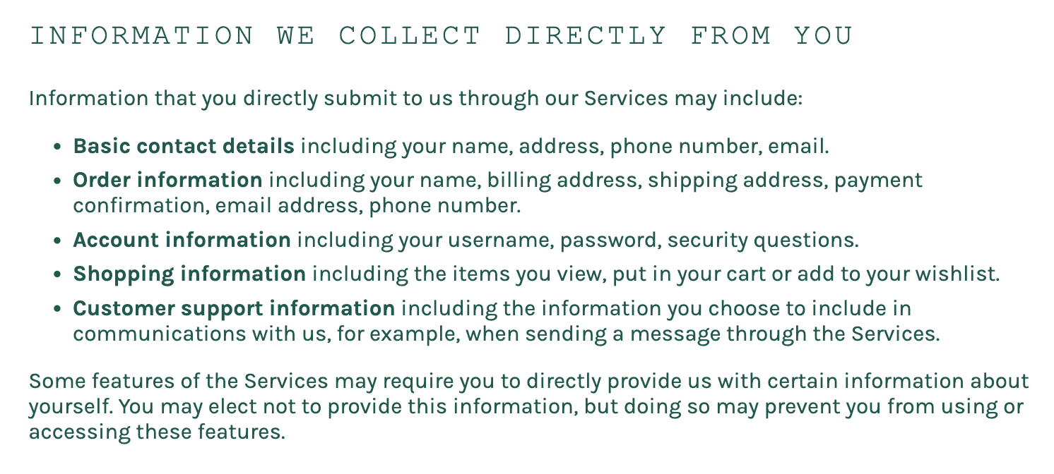 types of data you collect through a privacy notice/privacy policy