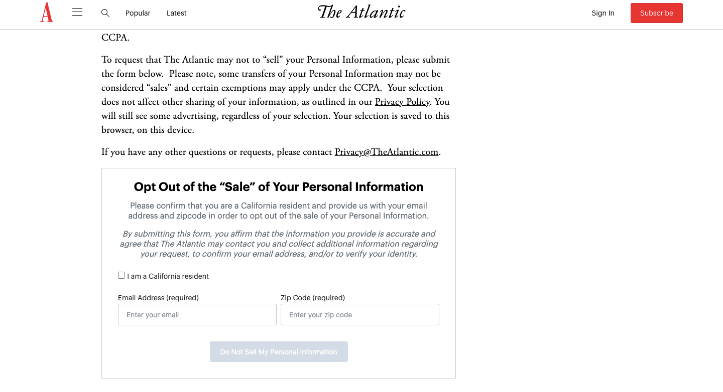 The CCPA opt-out form on Atlantic [nofollow] ’s ‘Do Not Sell My Personal Information’ page.