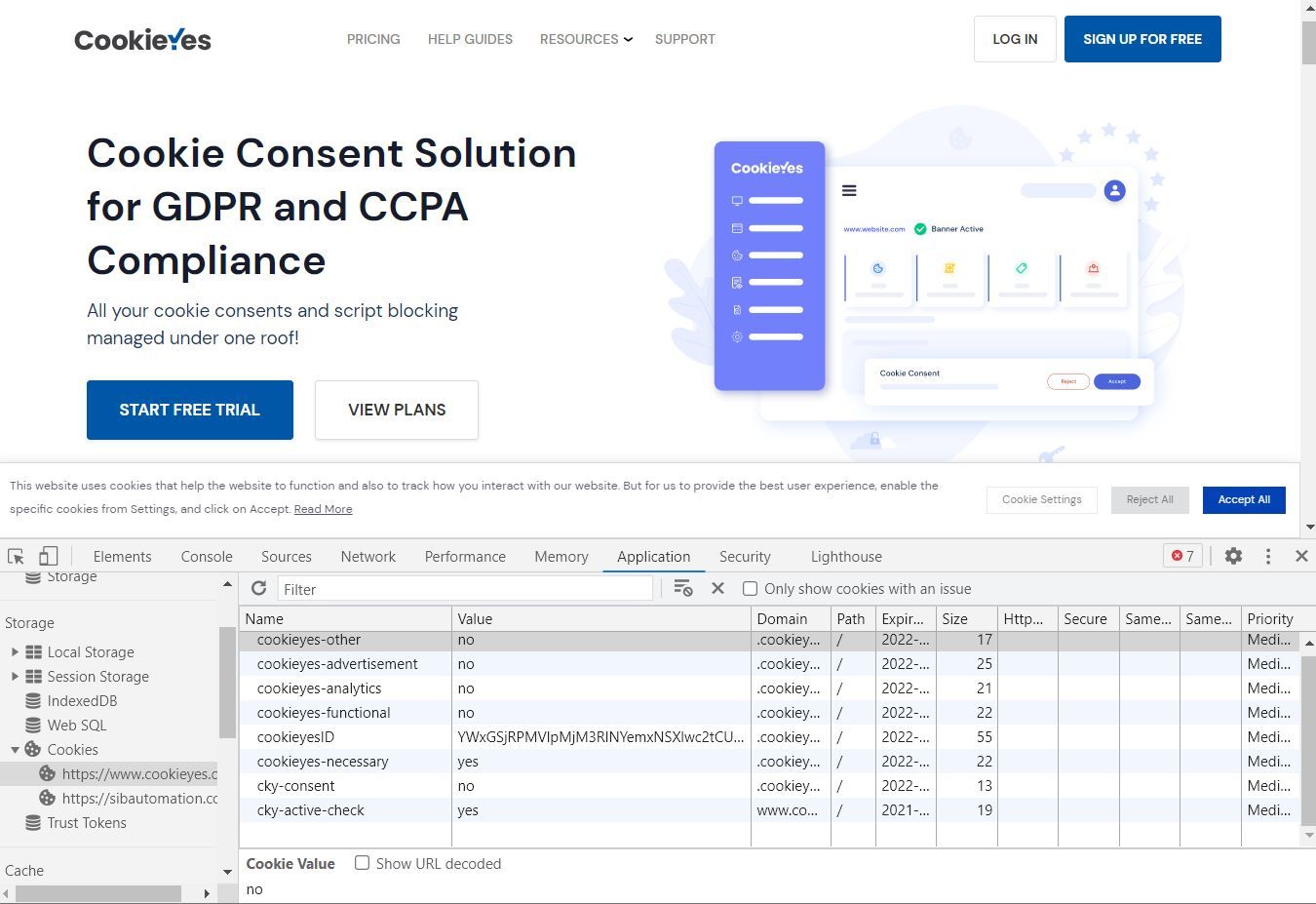 Developer console with list of cookies, value, domain, expiry date etc.